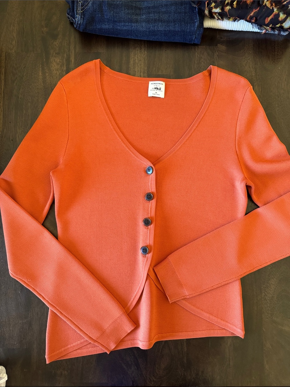 Nordstrom House of Aama Ribbed V-Neck Button Cardigan - Rust
